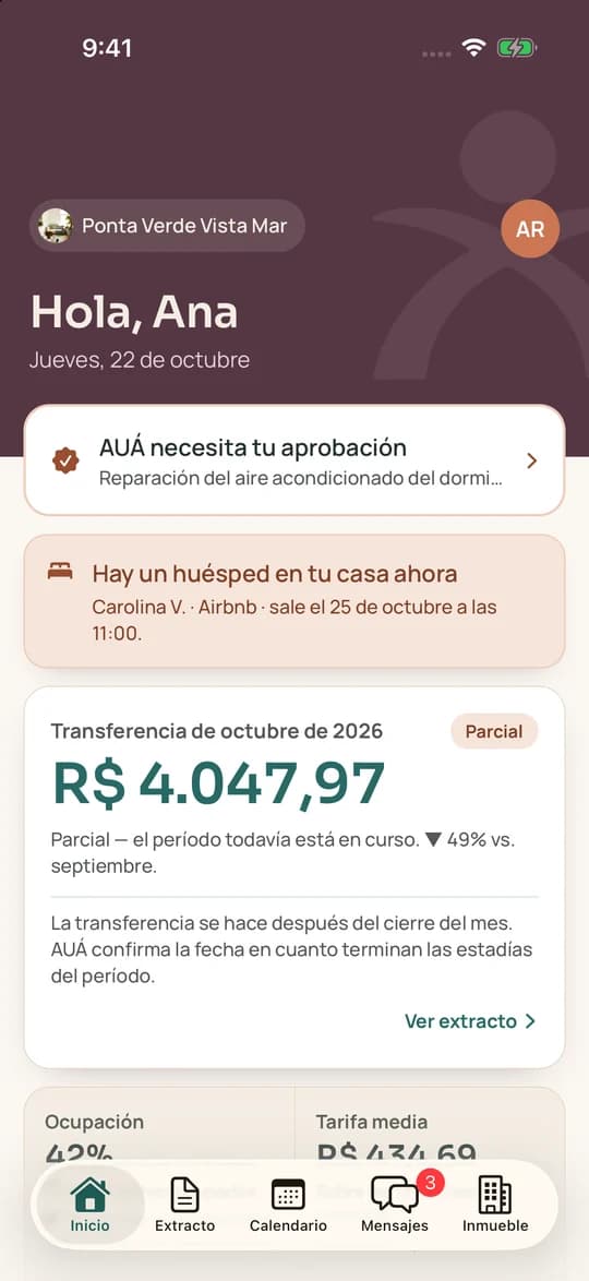 Pantalla de inicio de la app de AUÁ, con el pago del mes y quién está alojado en el inmueble